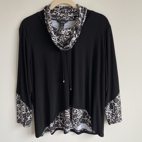 Ali Miles Plus Size 3X Long Sleeve Cowl Neck Tunic Top Black Leopard Print - Picture 1 of 13